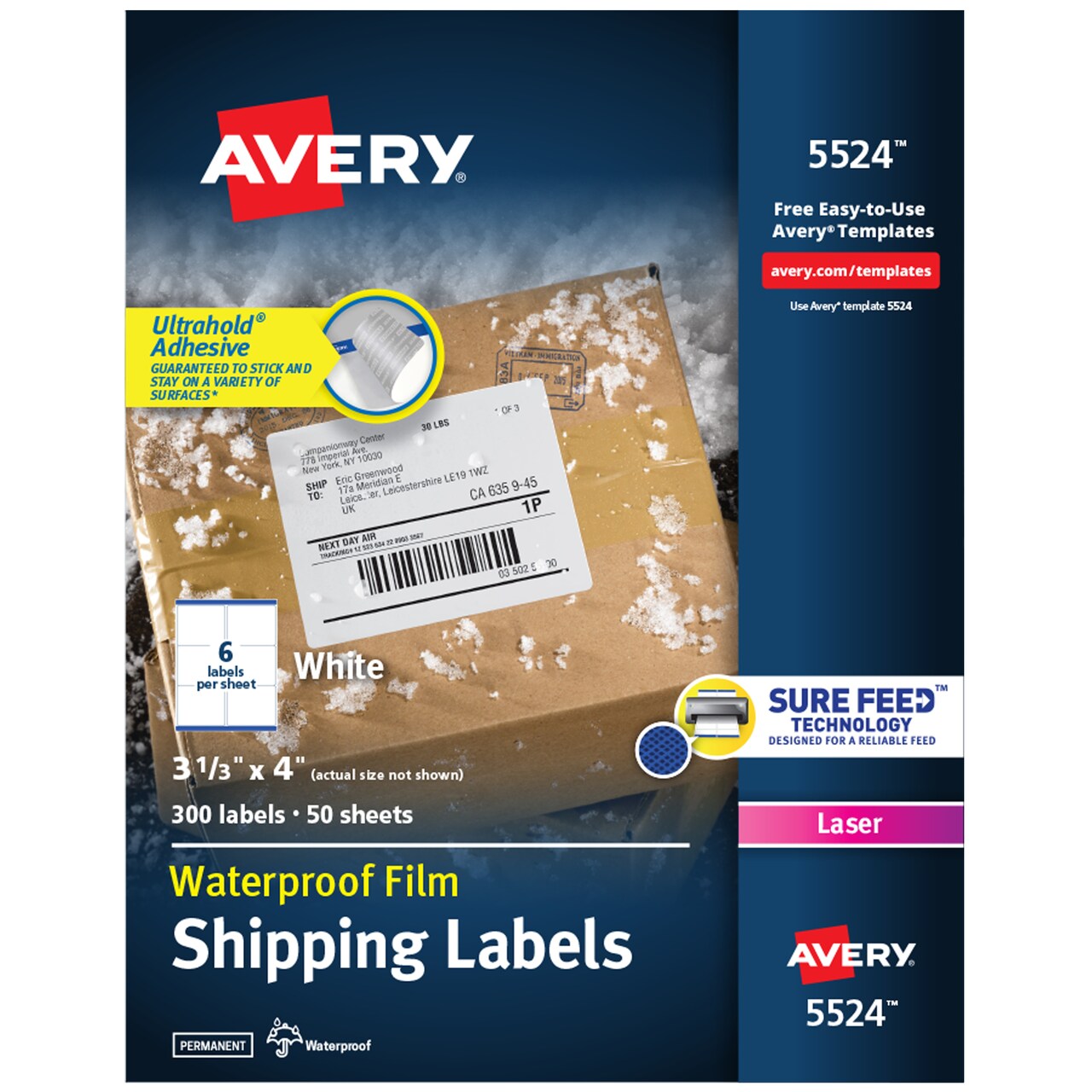 Avery Durable Waterproof Shipping Labels with Sure Feed Technology, 3-1/3" x 4", White, Laser Compatible, 300 Blank Labels Total (5524)